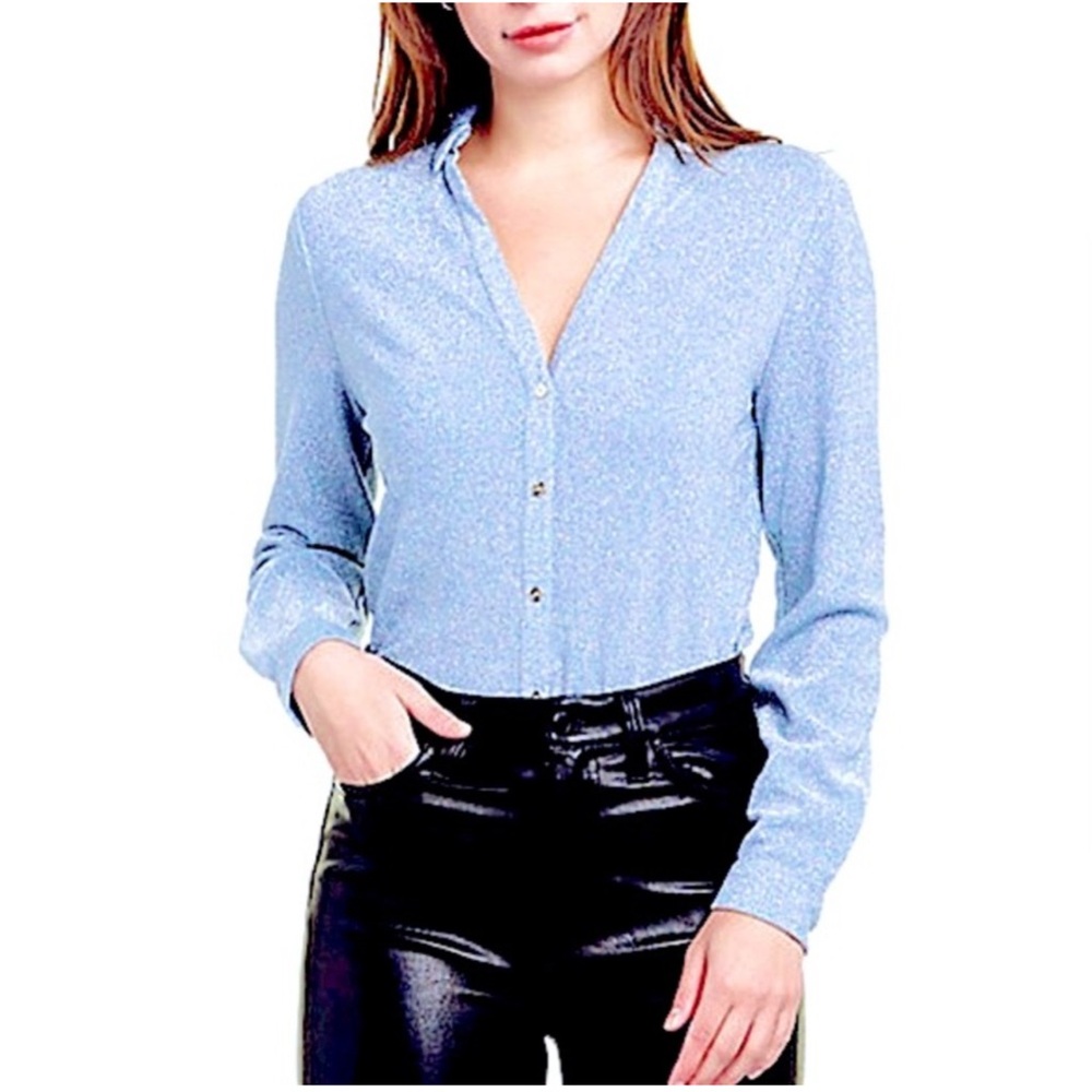 Ted Baker Castelo Metallic Knit Button Down Blouse Light Blue‎ Sz 4 Shimmer